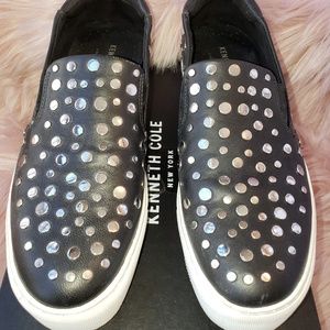 Silver studded black leather platform sneaker